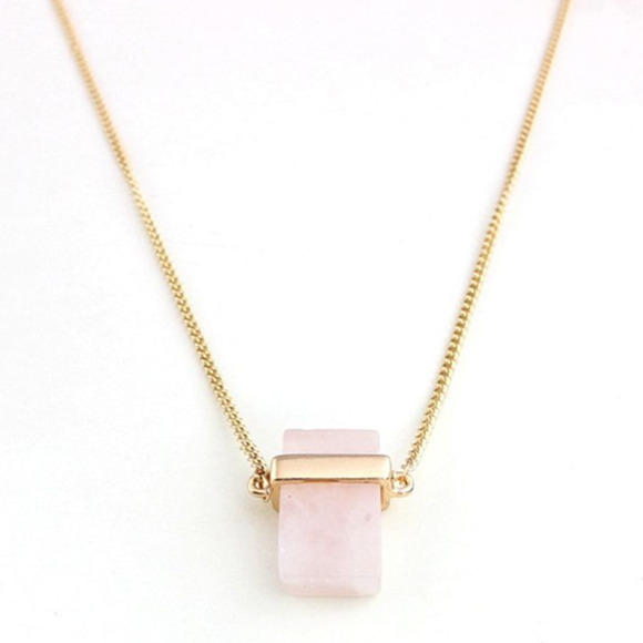 Rose Quartz Gemstone Necklace Pink Stone Gold Tone Tourmaline Natural NEW - Picture 5 of 5